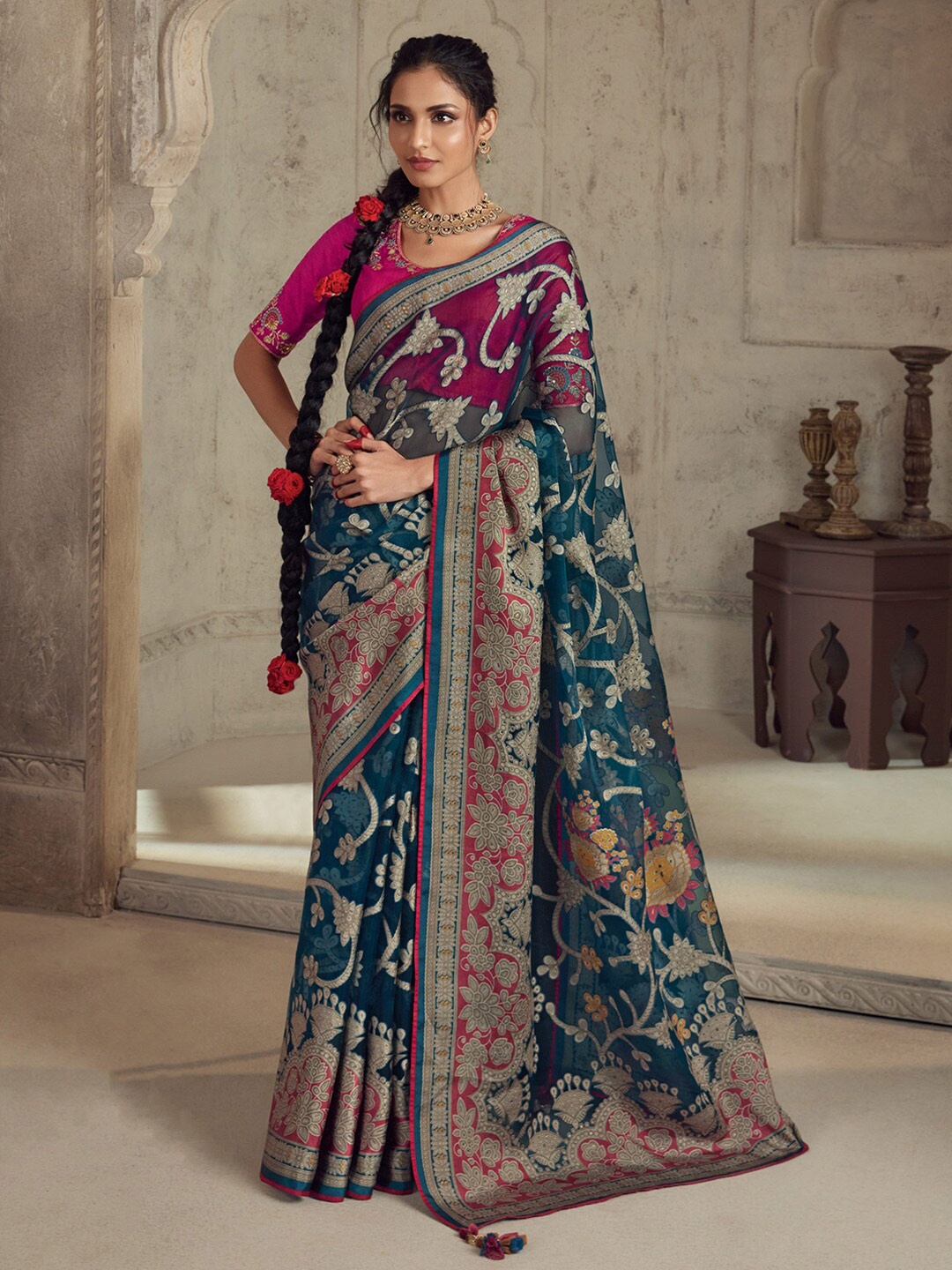 

Mitera Ethnic Motifs Printed Brasso Saree, Teal