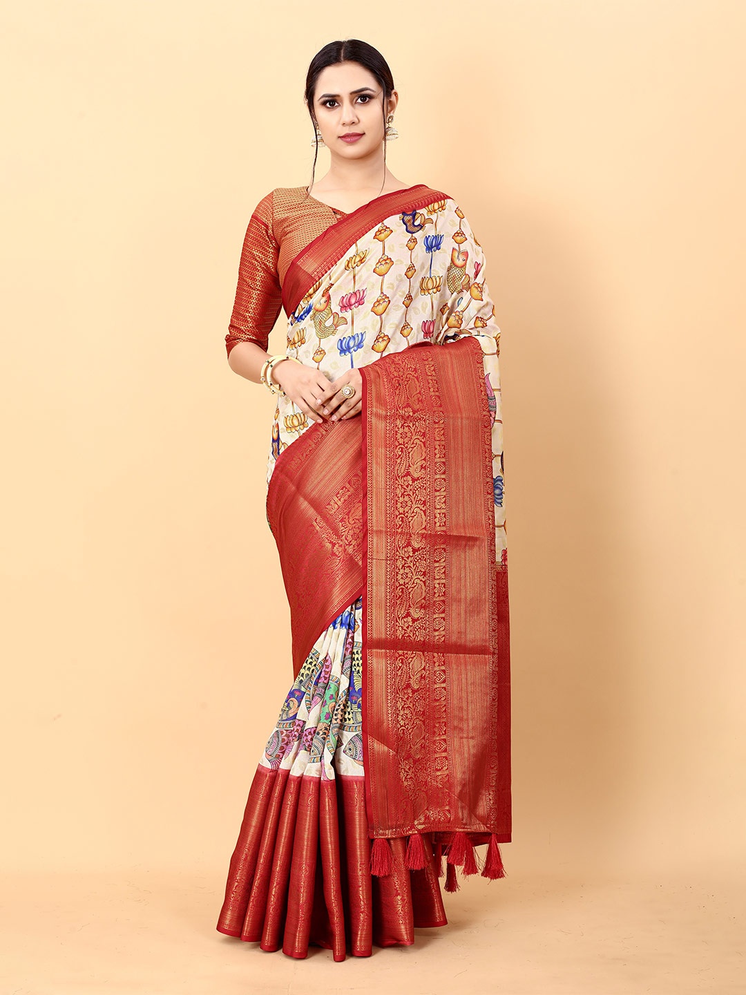 

YAVIRA SILK Floral Zari Pure Silk Designer Banarasi Saree, Red