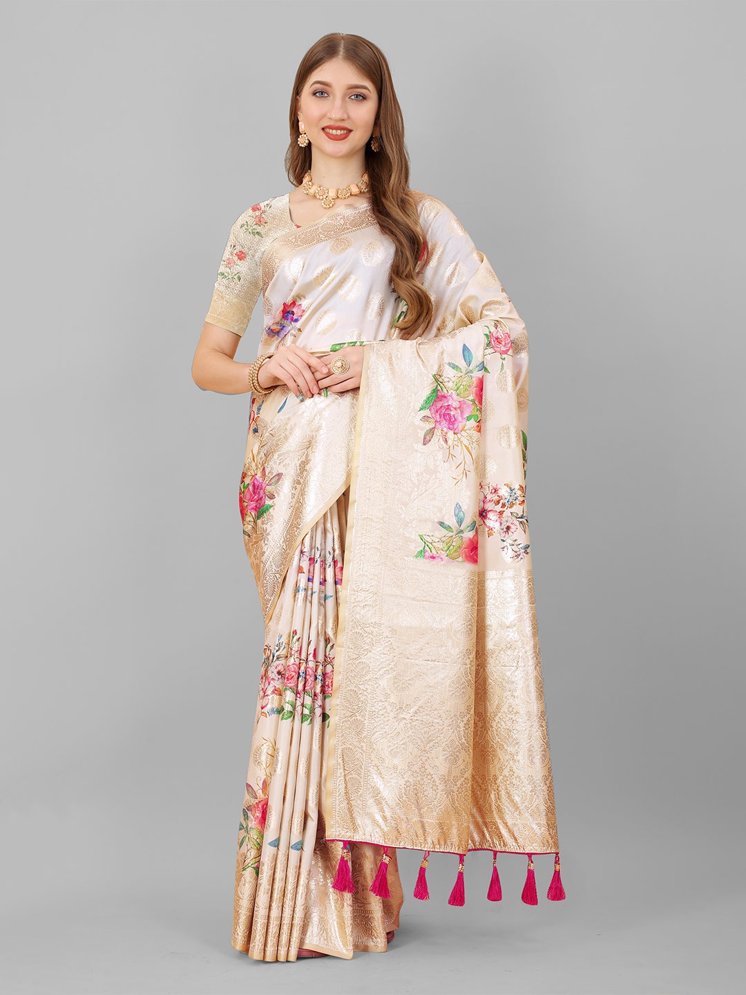 

YAVIRA SILK Floral Woven Design Zari Pure Silk Saree, Cream