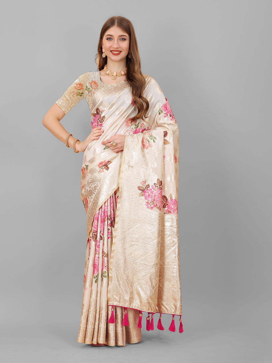 

YAVIRA SILK Ethnic Motifs Woven Design Zari Pure Silk Banarasi Saree, Cream