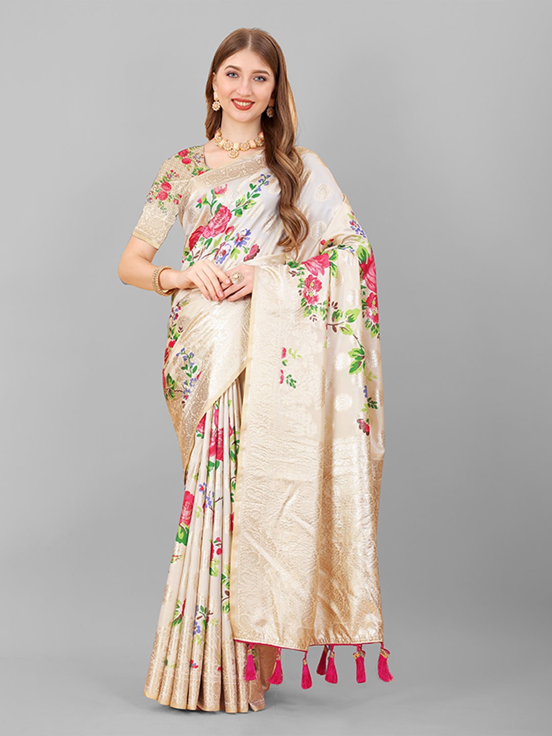 

YAVIRA SILK Floral Woven Design Zari Pure Silk Banarasi Saree, Cream