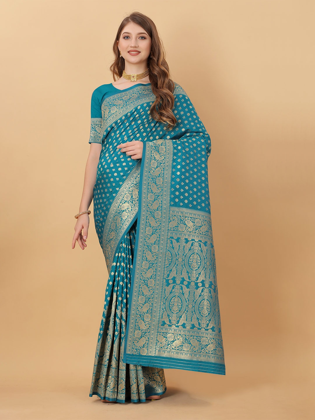 

YAVIRA SILK Ethnic Motifs Woven Design Zari Pure Silk Banarasi Saree, Sea green