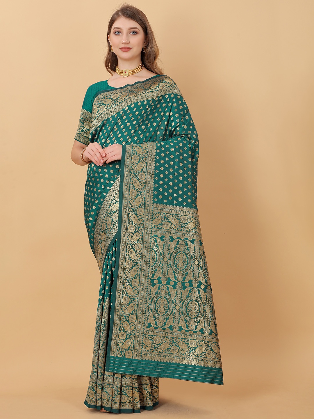 

YAVIRA SILK Paisley Woven Design Zari Pure Silk Banarasi Saree, Turquoise blue