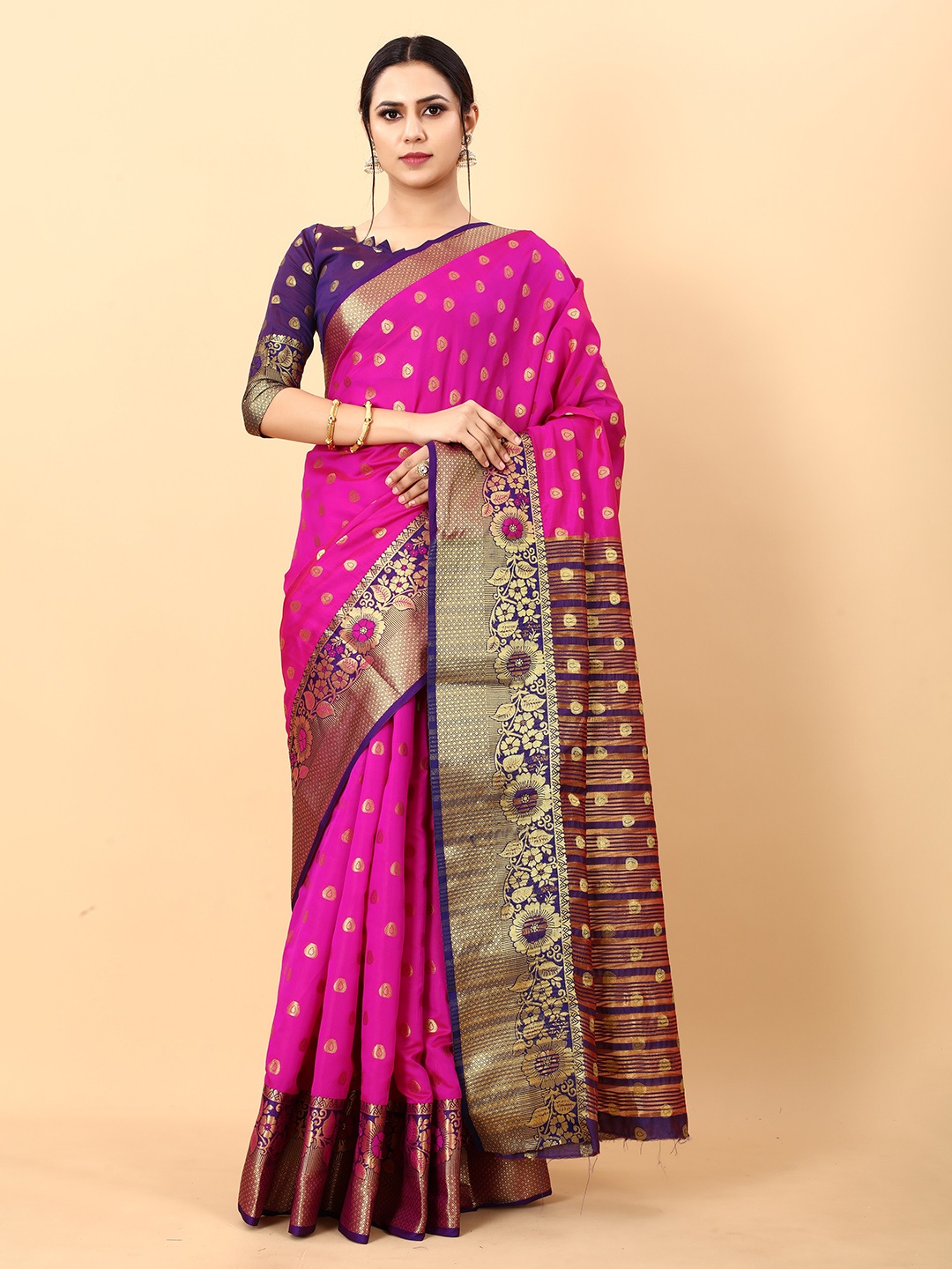 

YAVIRA SILK Ethnic Motifs Woven Design Zari Pure Silk Banarasi Saree, Pink