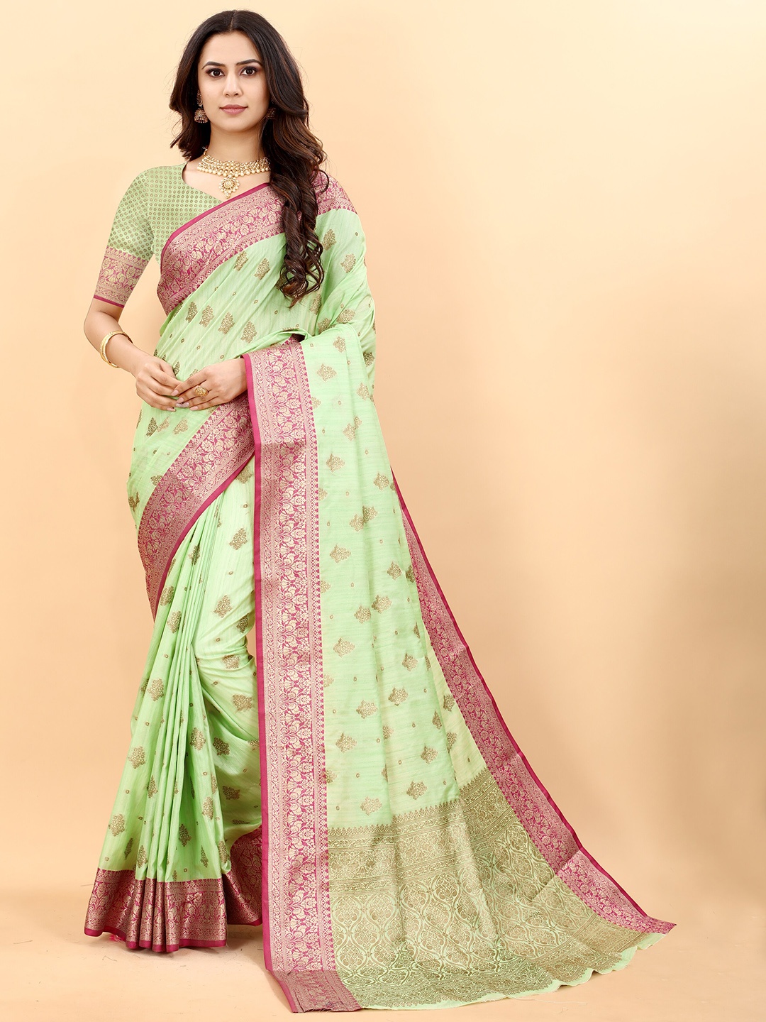 

YAVIRA SILK Ethnic Motifs Woven Design Zari Pure Silk Tussar Saree, Fluorescent green