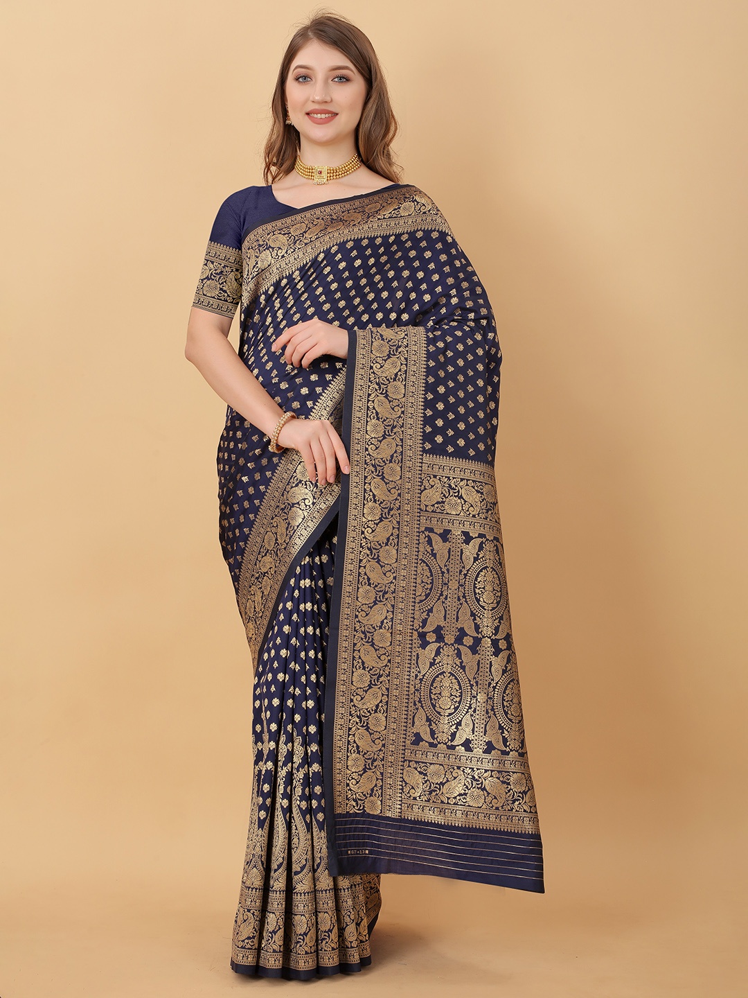 

YAVIRA SILK Ethnic Motifs Woven Design Zari Pure Silk Banarasi Saree, Navy blue