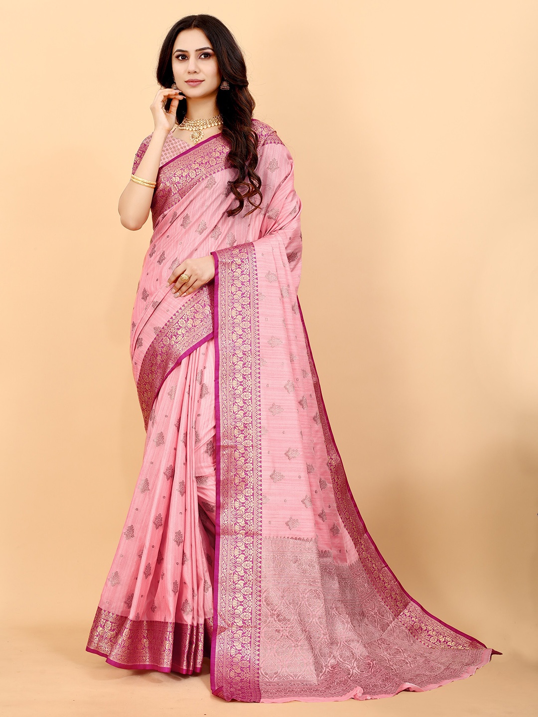 

YAVIRA SILK Ethnic Motifs Woven Design Zari Pure Silk Tussar Saree, Pink