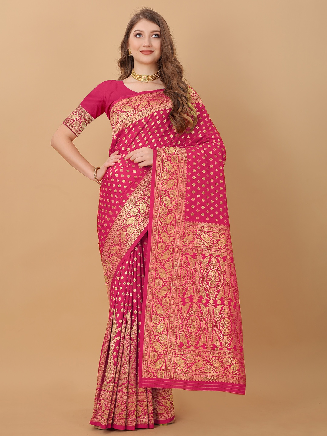 

YAVIRA SILK Ethnic Motifs Woven Design Zari Pure Silk Banarasi Saree, Pink