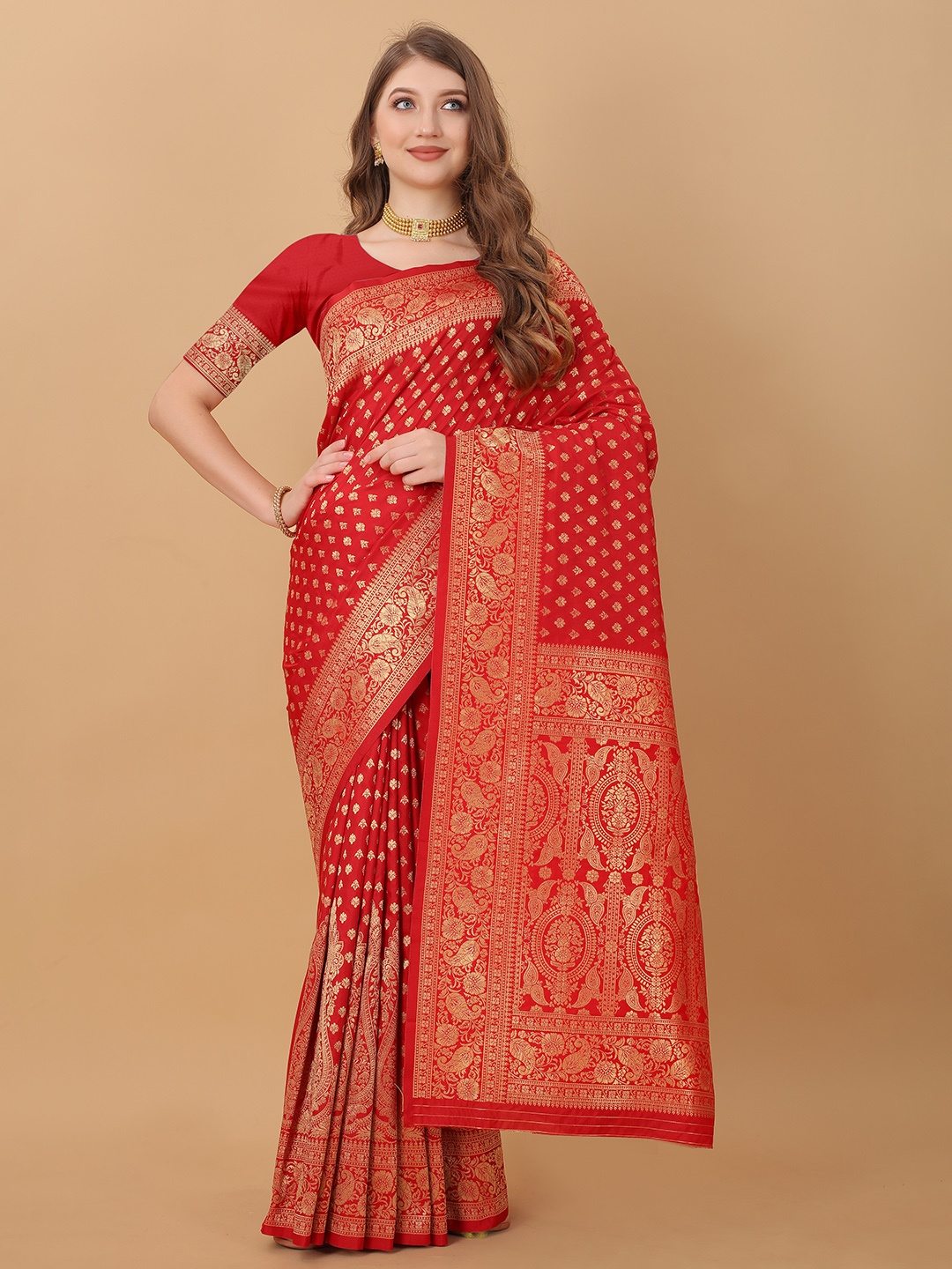 

YAVIRA SILK Woven Design Zari Pure Silk Banarasi Saree, Red