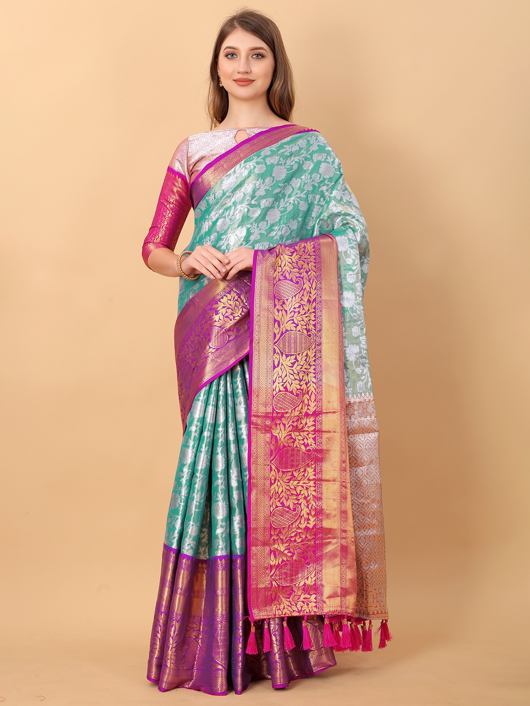 

YAVIRA SILK Floral Woven Design Zari Pure Silk Saree, Sea green