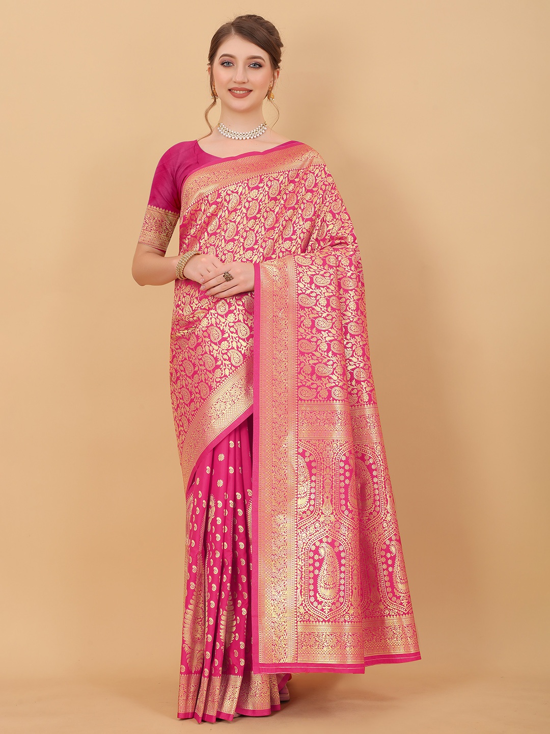 

YAVIRA SILK Paisley Woven Design Zari Pure Silk Banarasi Saree, Pink