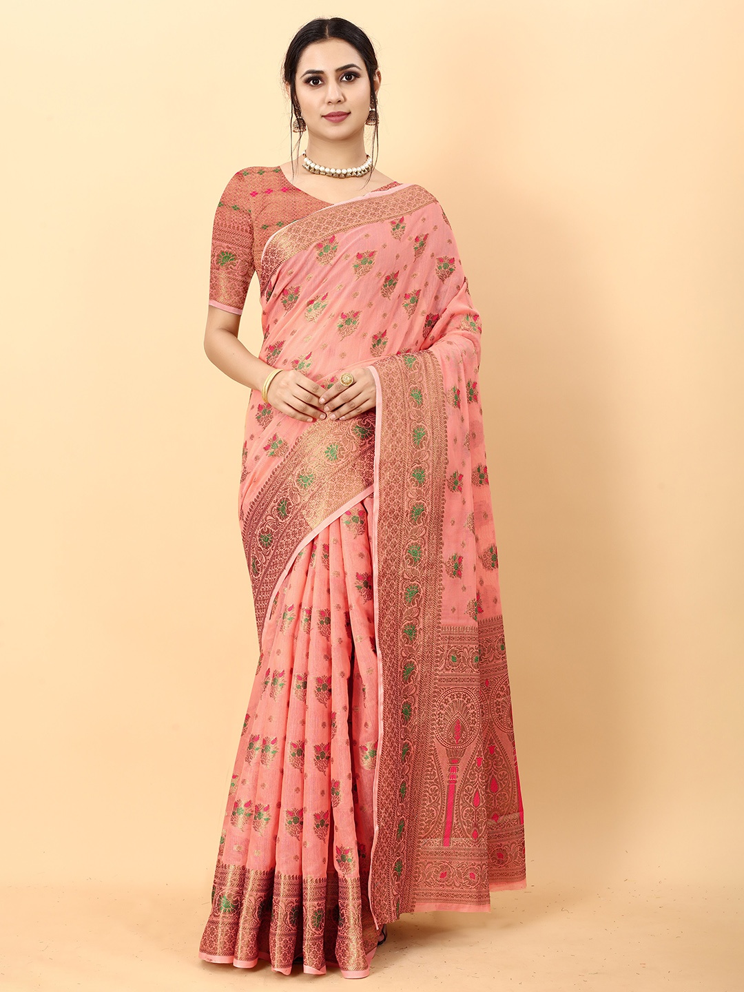 

YAVIRA SILK Floral Woven Design Zari Pure Silk Chanderi Saree, Orange