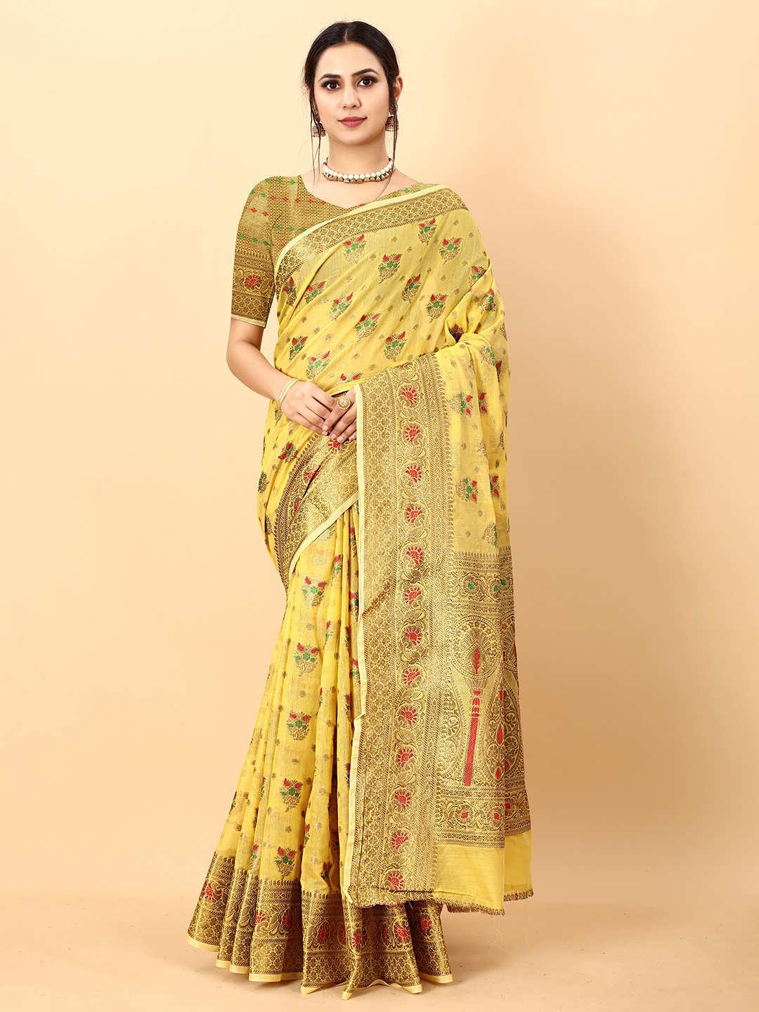 

YAVIRA SILK Foral Woven Design Zari Pure Silk Chanderi Saree, Yellow