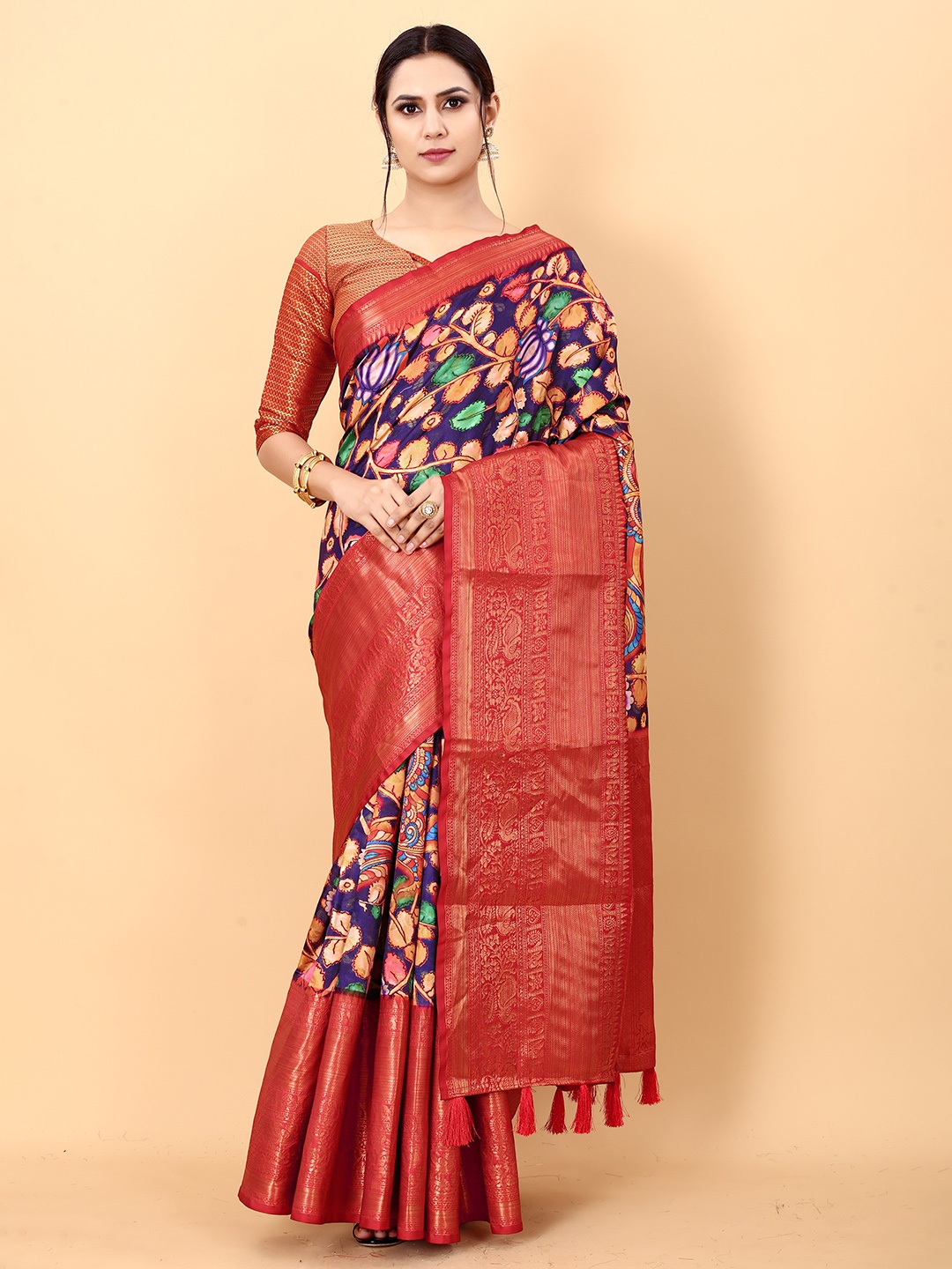 

YAVIRA SILK Kalamkari Printed Zari Pure Silk Saree, Black