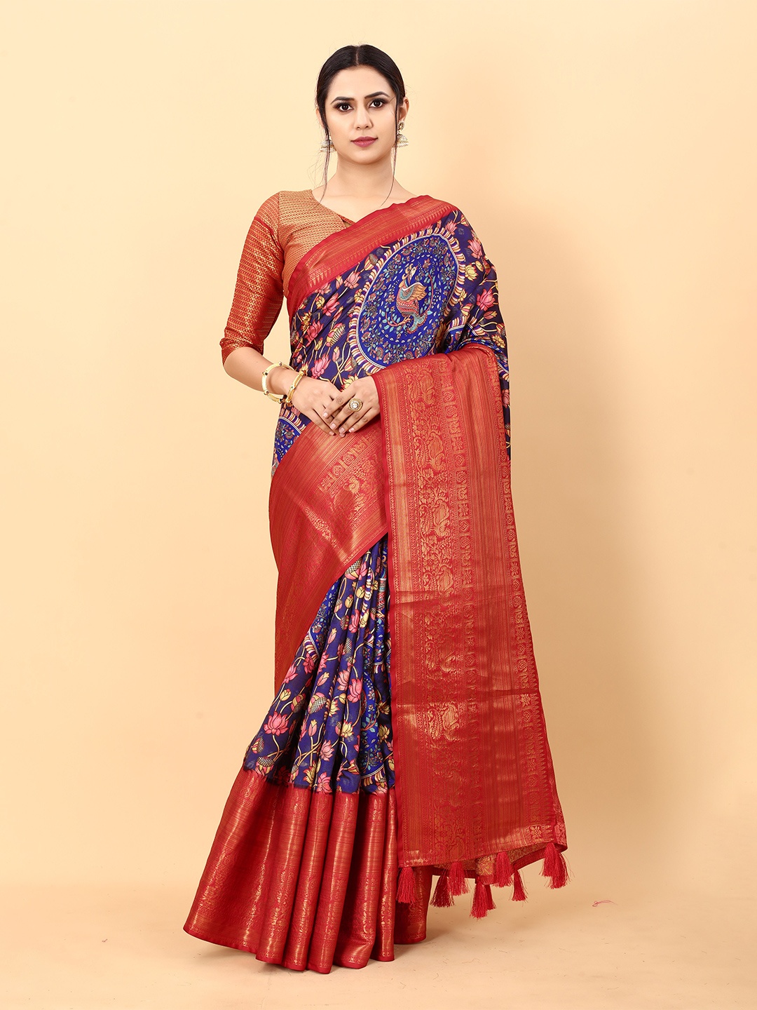 

YAVIRA SILK Kalamkari Printed Zari Pure Silk Banarasi Saree, Blue