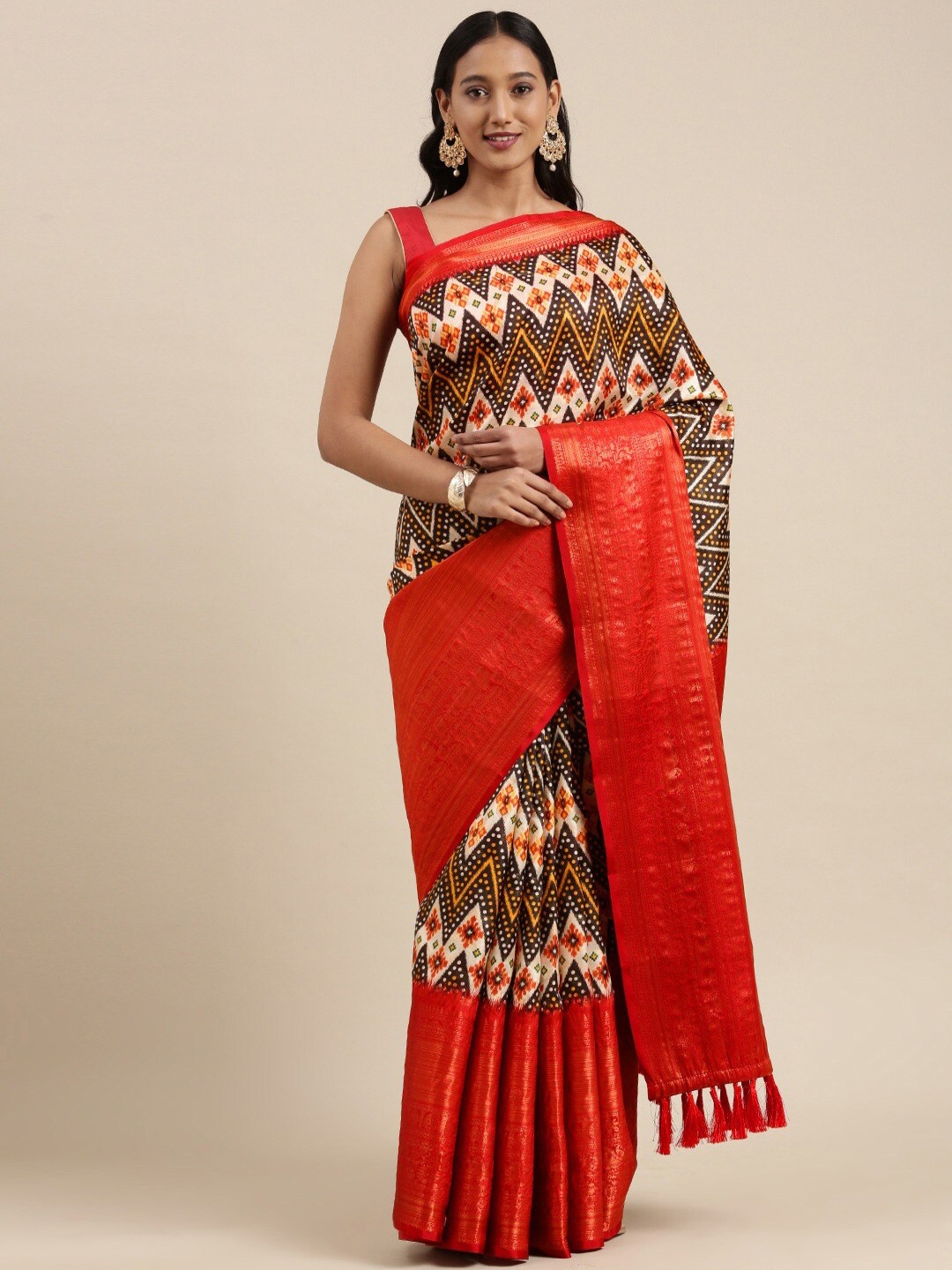 

YAVIRA SILK Geometric Printed Zari Pure Silk Banarasi Saree, Red