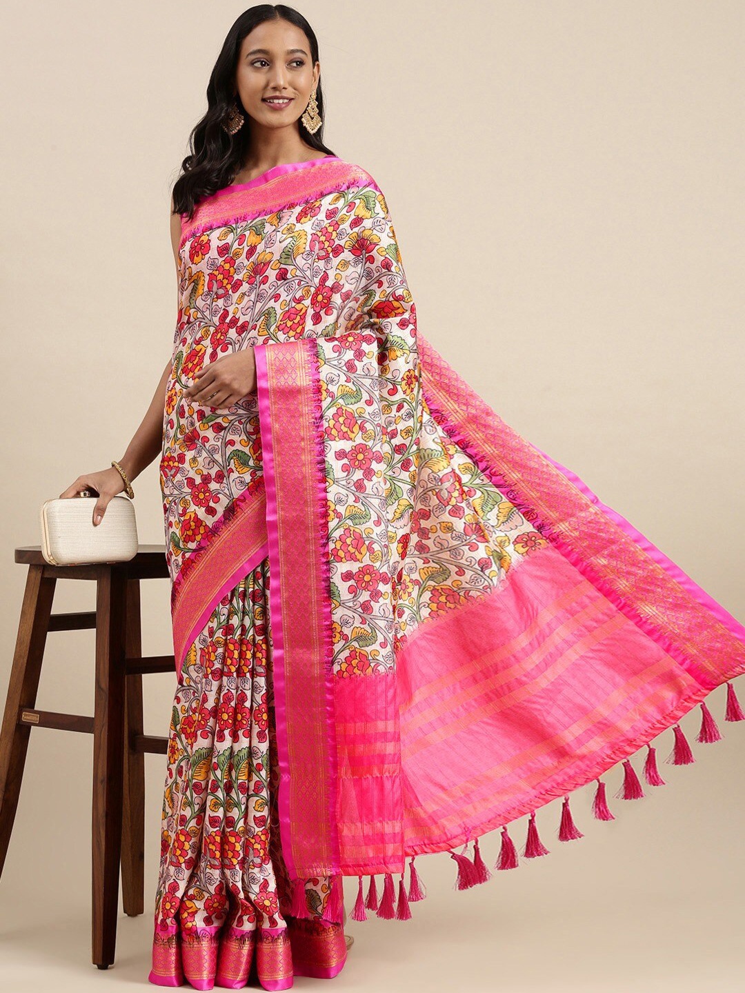 

YAVIRA SILK Floral Printed Zari Pure Silk Banarasi Saree, Pink