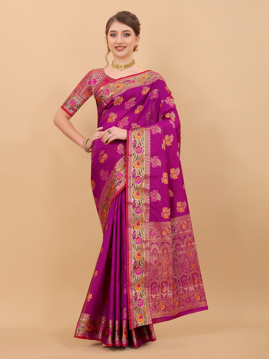 

YAVIRA SILK Ethnic Motifs Printed Zari Pure Silk Saree, Purple