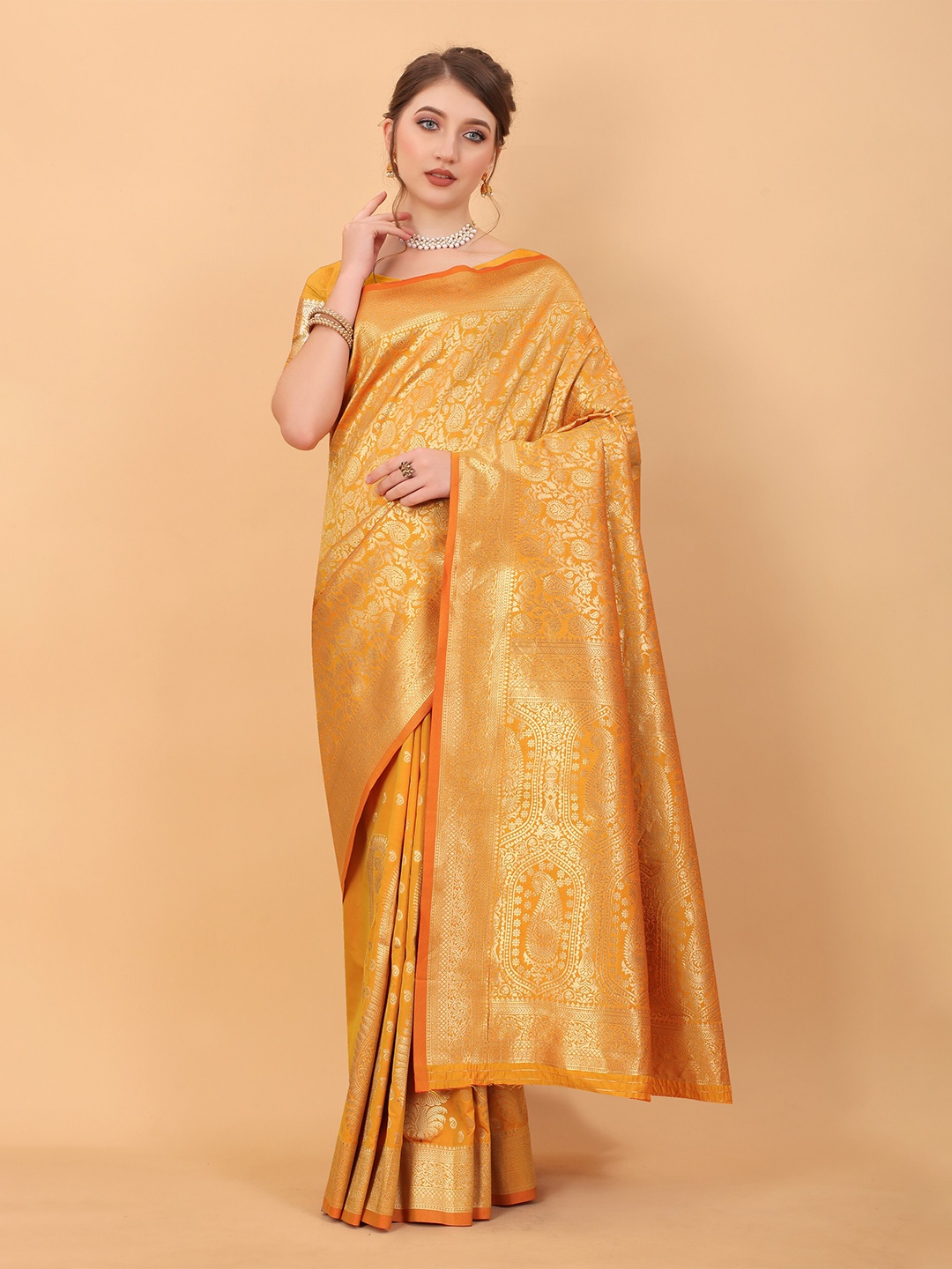 

YAVIRA SILK Ethnic Motifs Woven Design Zari Pure Silk Banarasi Saree, Yellow