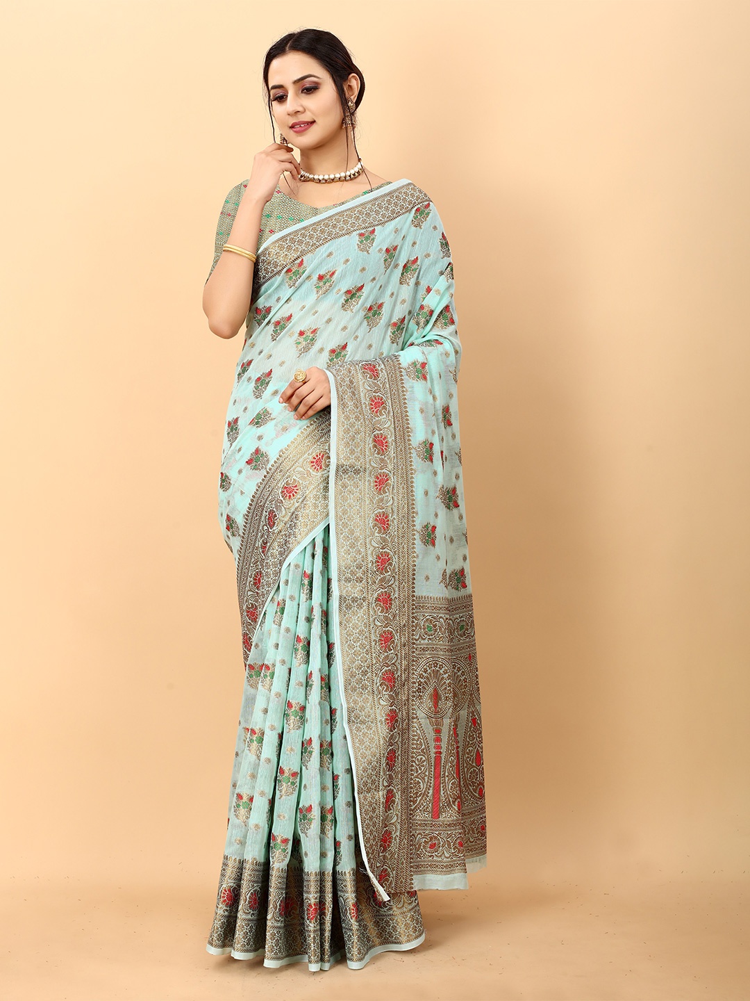 

YAVIRA SILK Ethnic Motifs Woven Design Zari Pure Silk Chanderi Saree, Sea green