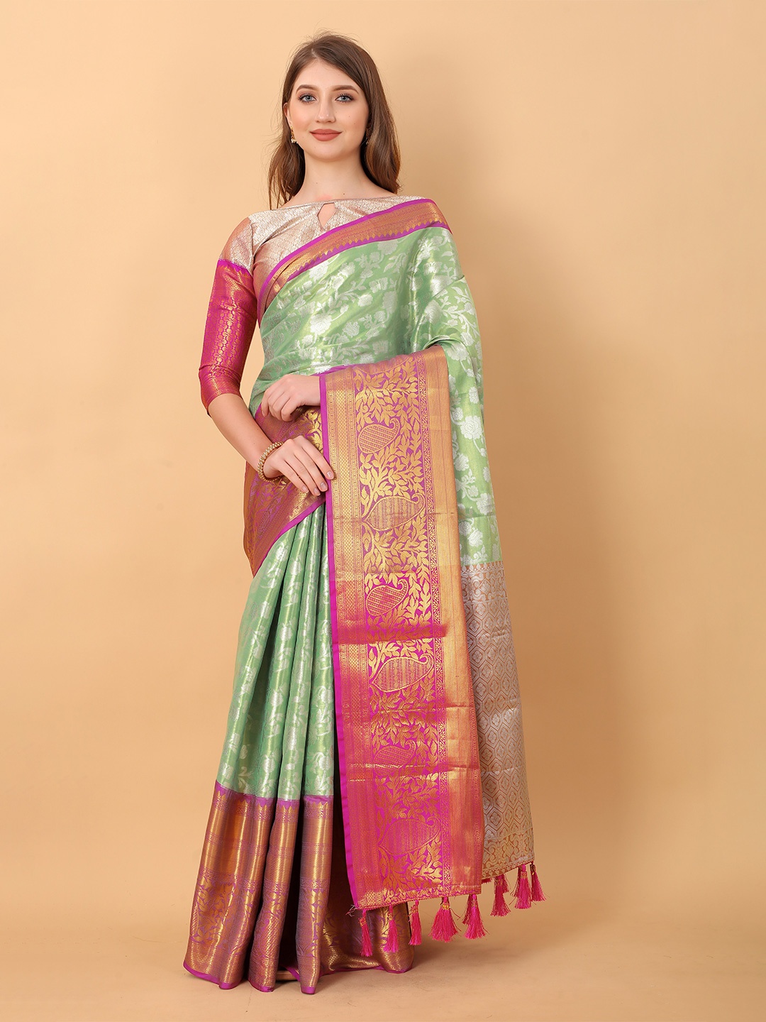 

YAVIRA SILK Ethnic Motifs Woven Design Zari Pure Silk Banarasi Saree, Fluorescent green