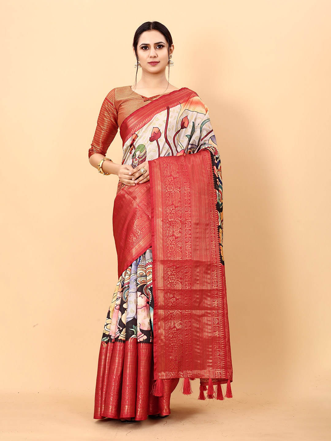 

YAVIRA SILK Floral Printed Zari Pure Silk Banarasi Saree, Red
