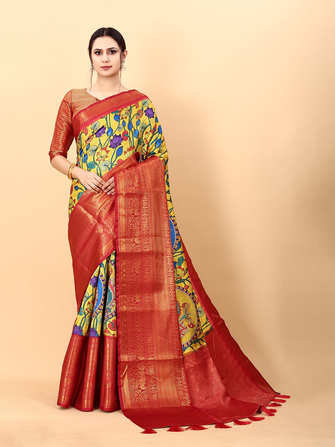 

YAVIRA SILK Floral Printed Kalamkari Zari Pure Silk Banarasi Saree, Red