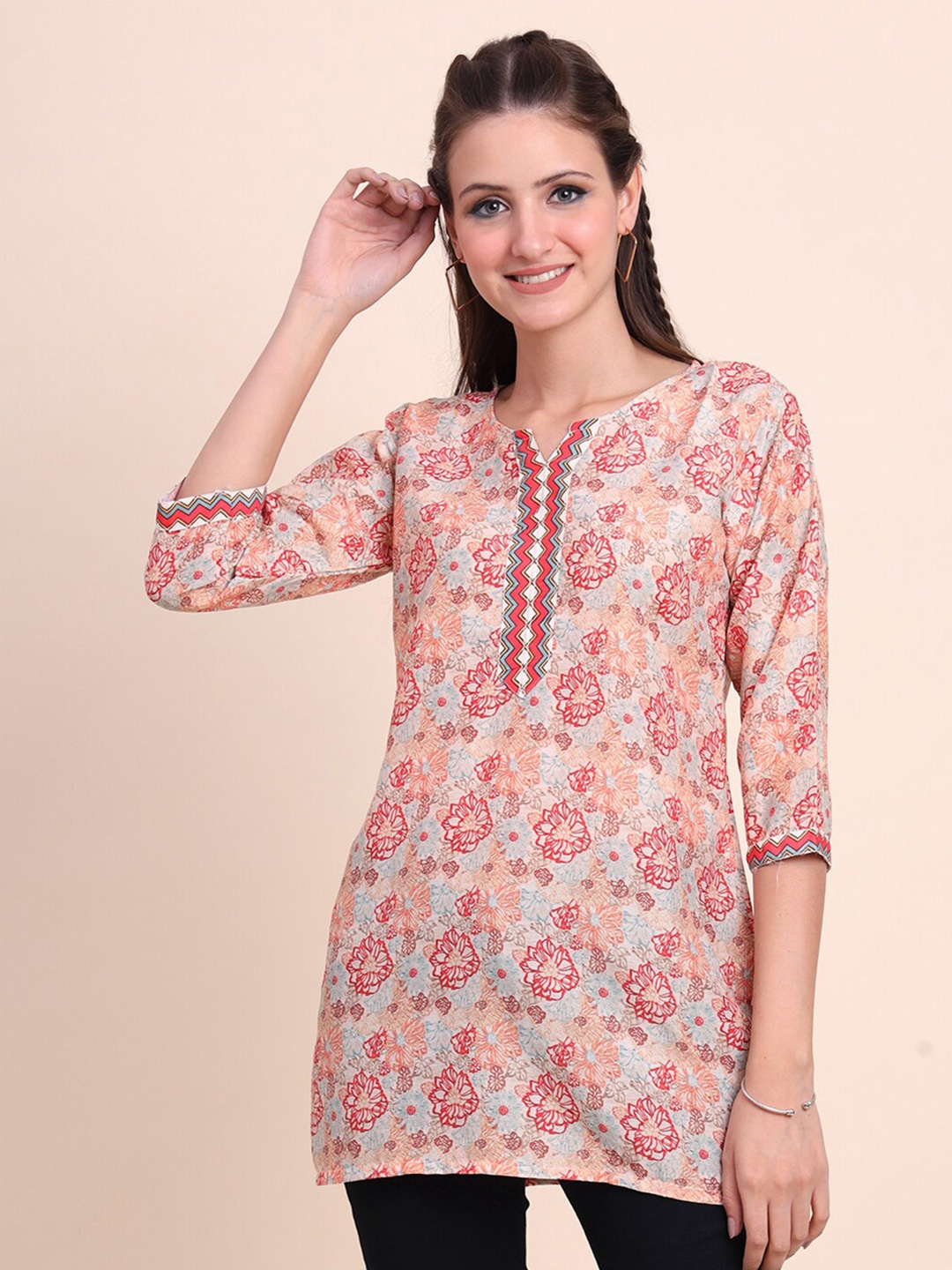 

VAIRAGEE Floral Printed Round Neck Three-Quarter Straight Cotton Silk Kurti, Peach