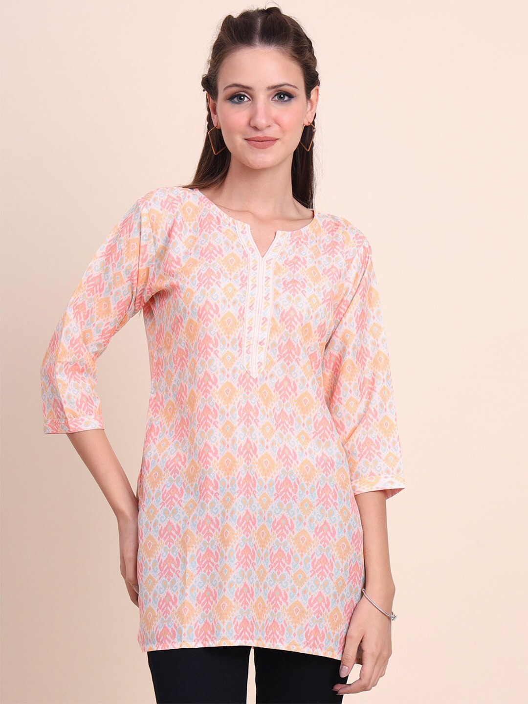 

VAIRAGEE Ethnic Motifs Printed Round Neck Three-Quarter Straight Cotton Silk Kurti, Pink