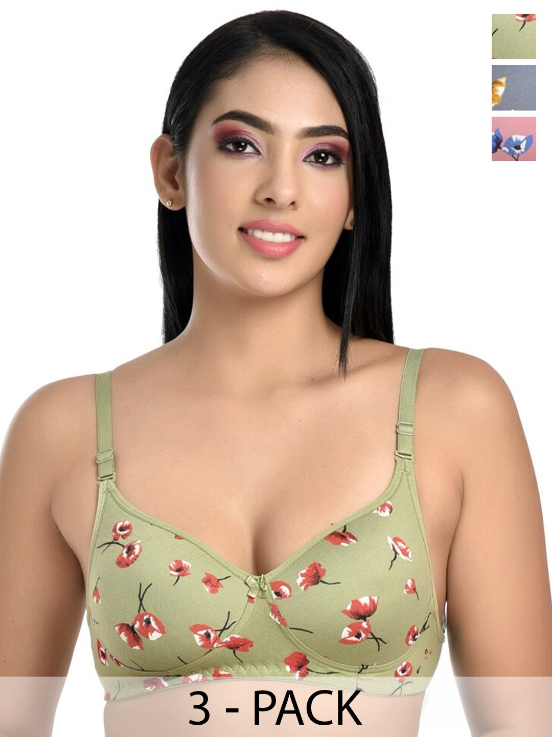 

Extoes Pack Of 3 Printed Full Coverage Lightly Padded Cotton Everyday Bra-All Day Comfort, Green