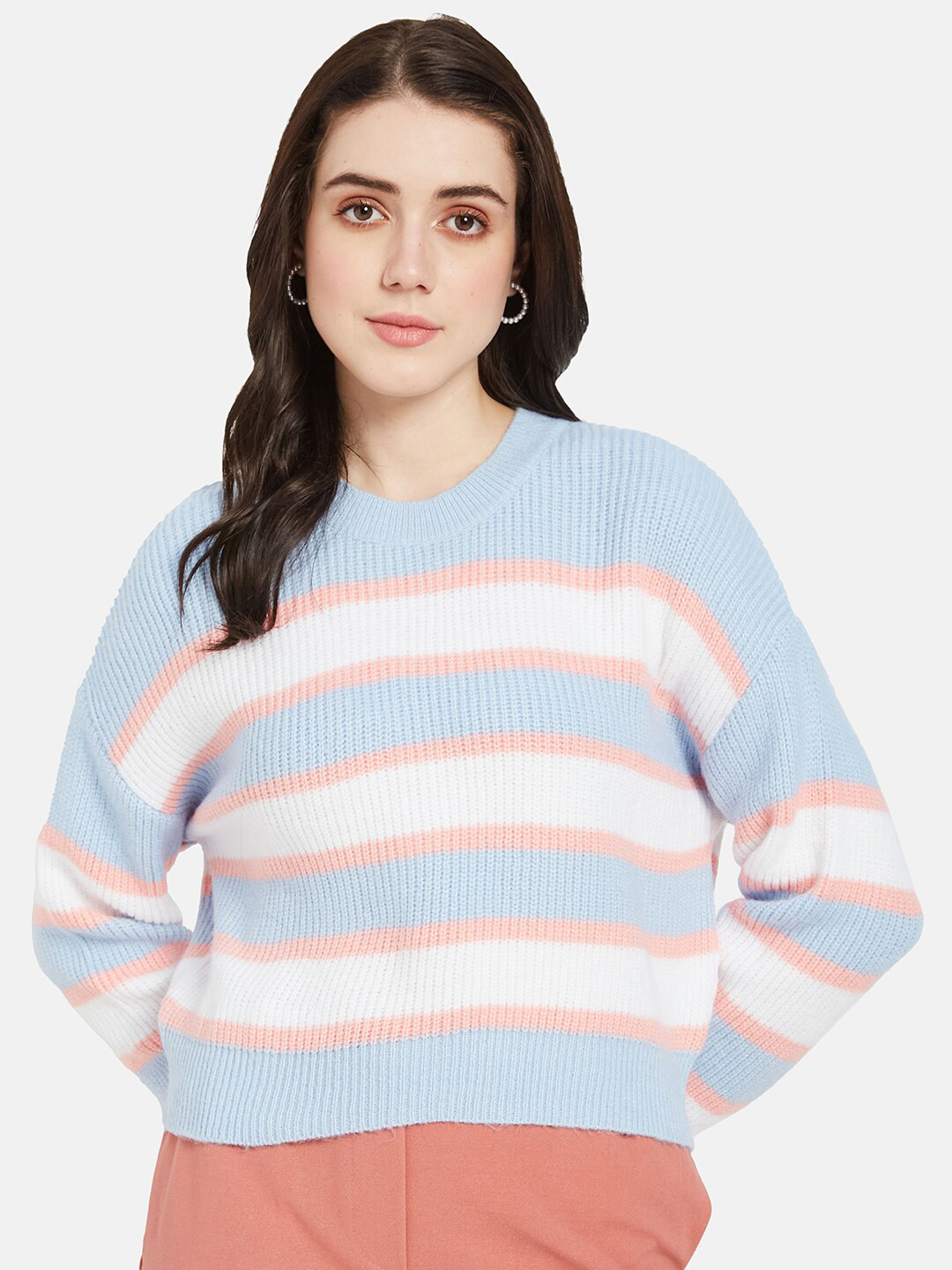 

METTLE Striped Round Neck Acrylic Pullover Sweater, Blue