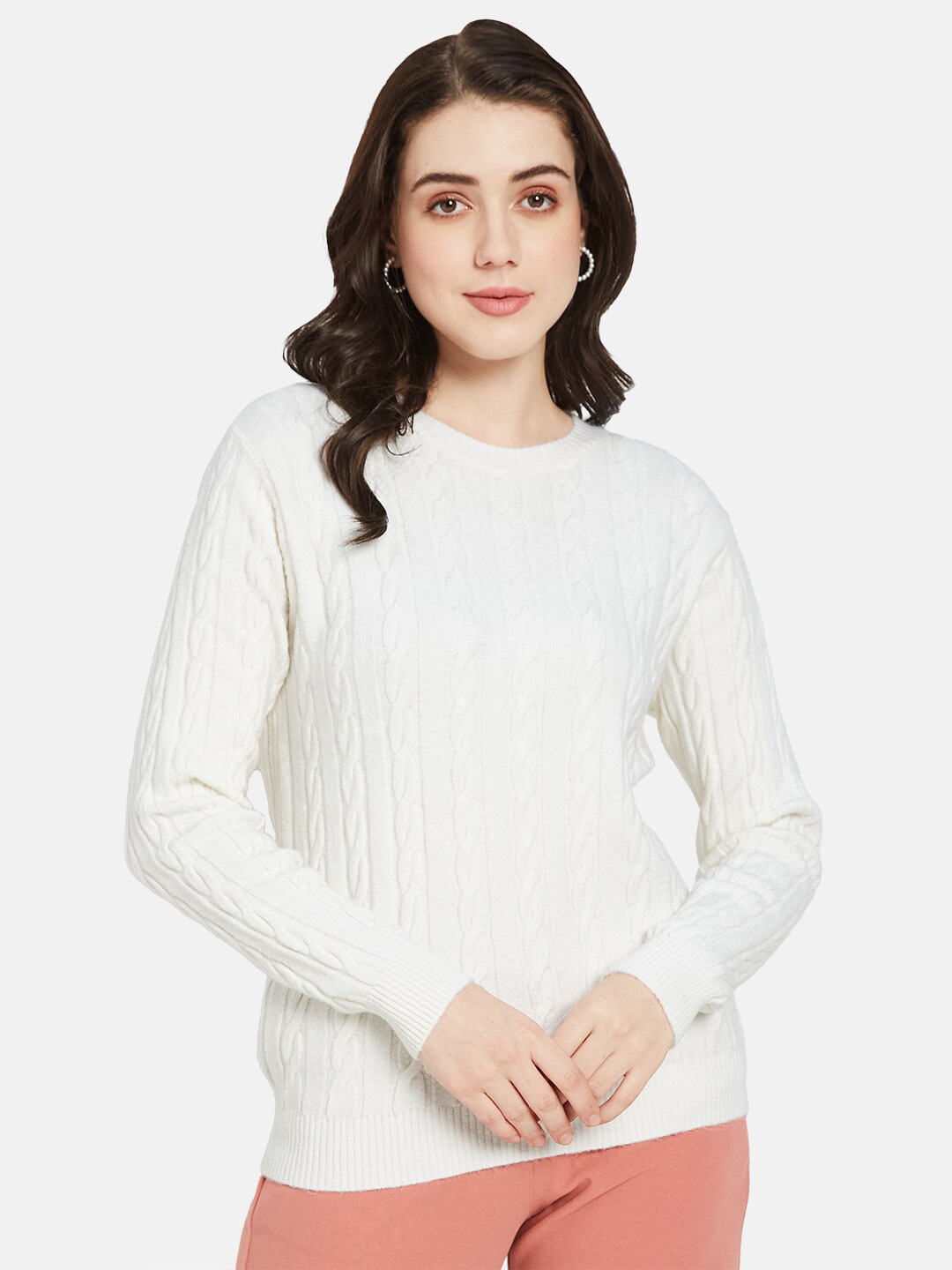 

METTLE Cable Knitted Round Neck Pullover Sweater, White
