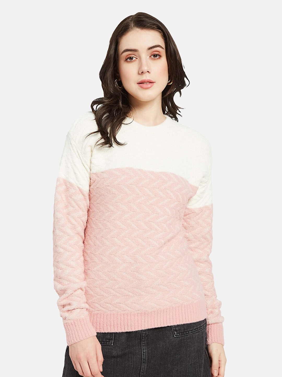 

METTLE Self Design Round Neck Pullover Sweater, Pink