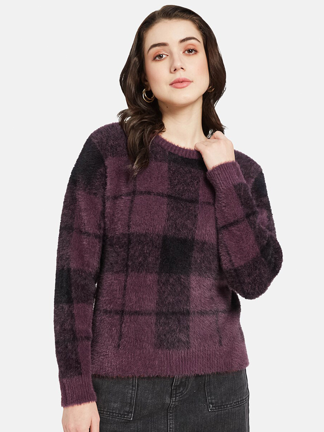 

METTLE Self Design Checked Pullover Sweater, Purple