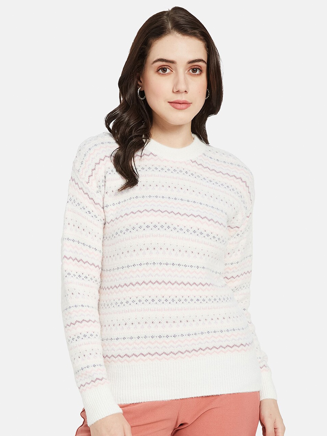 

METTLE Geometric Printed Round Neck Pullover Sweater, White