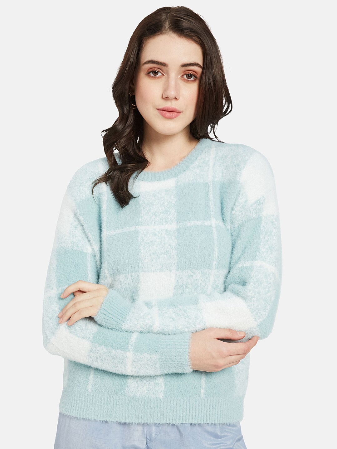

METTLE Checked Round Neck Pullover Sweater, Blue