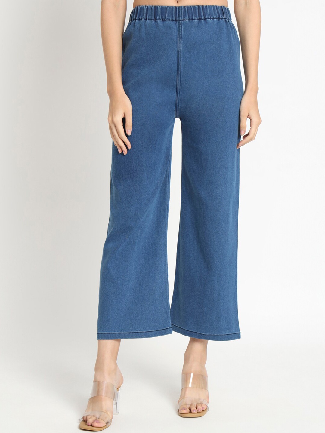 

BAESD Women Mid-Rise Cropped Cotton Parallel Trousers, Blue