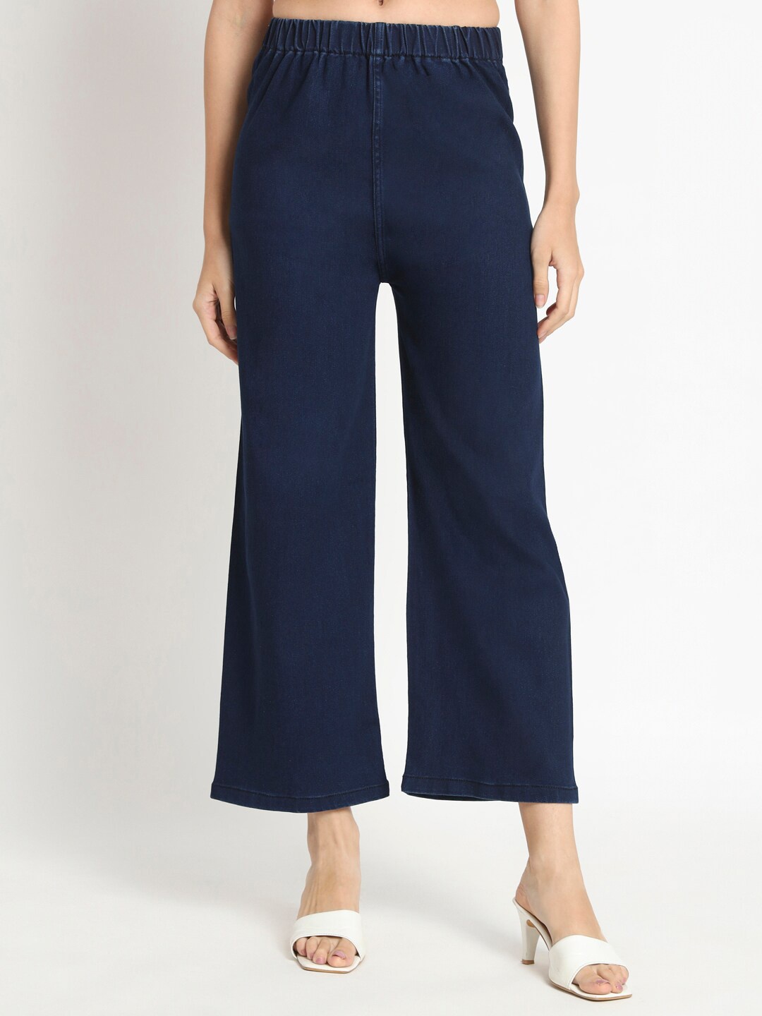 

BAESD Women Flared Mid-Rise Plain Cotton Trousers, Blue