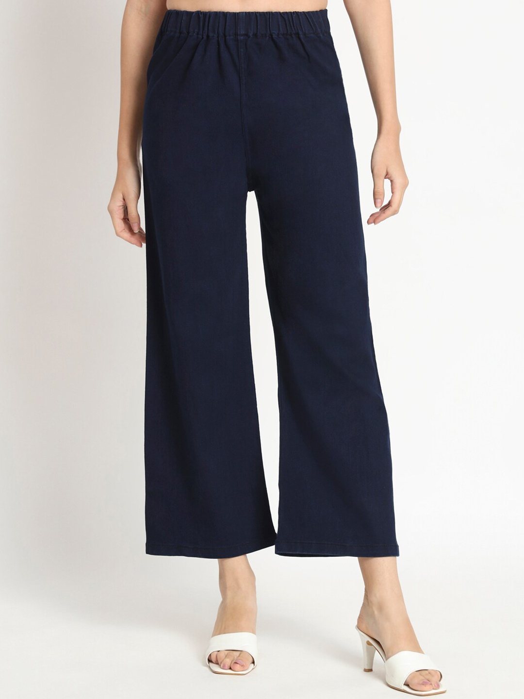 

BAESD Women Flared Mid-Rise Plain Cotton Trousers, Navy blue