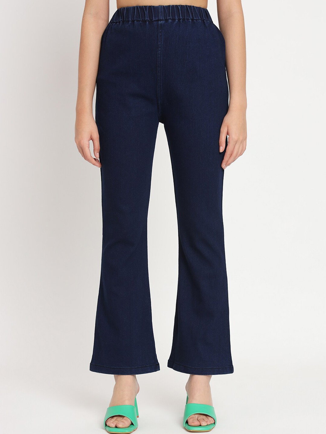 

BAESD Women Flared Mid-Rise Plain Cotton Bootcut Trousers, Blue