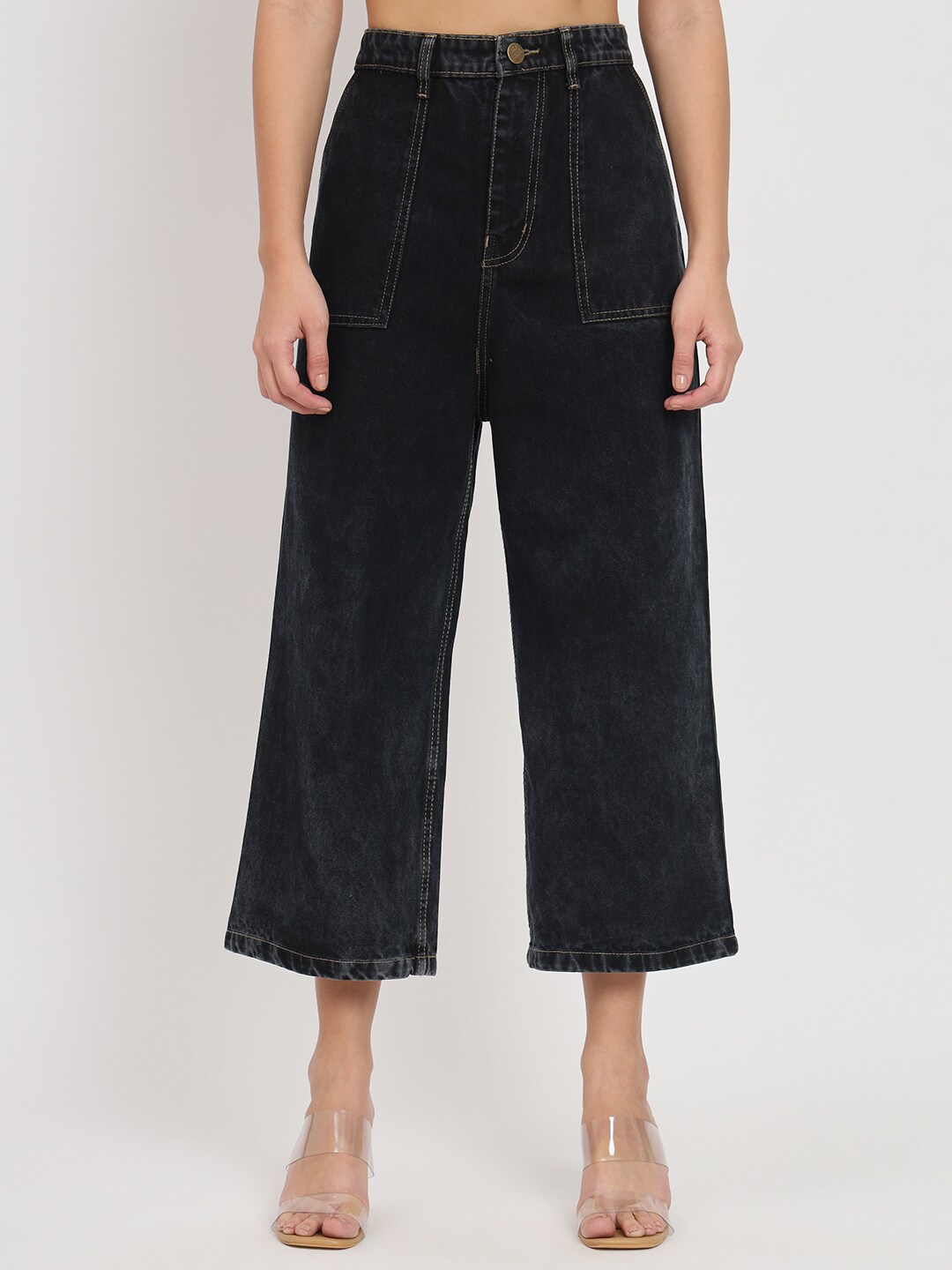 

AngelFab Women Jean Flared Clean Look Cropped Cotton Jeans, Black