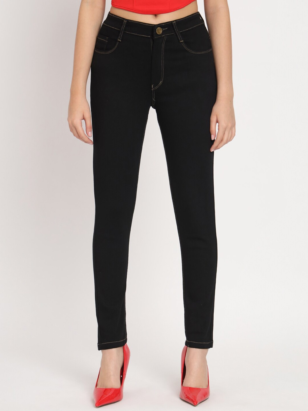 

AngelFab Women Jean Skinny Fit Clean Look Cropped Cotton Jeans, Black