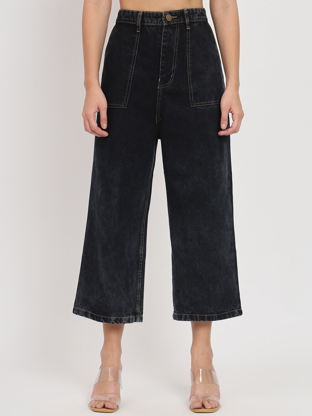 

BAESD Women Black Jean Flared High-Rise Cotton Cropped Jeans