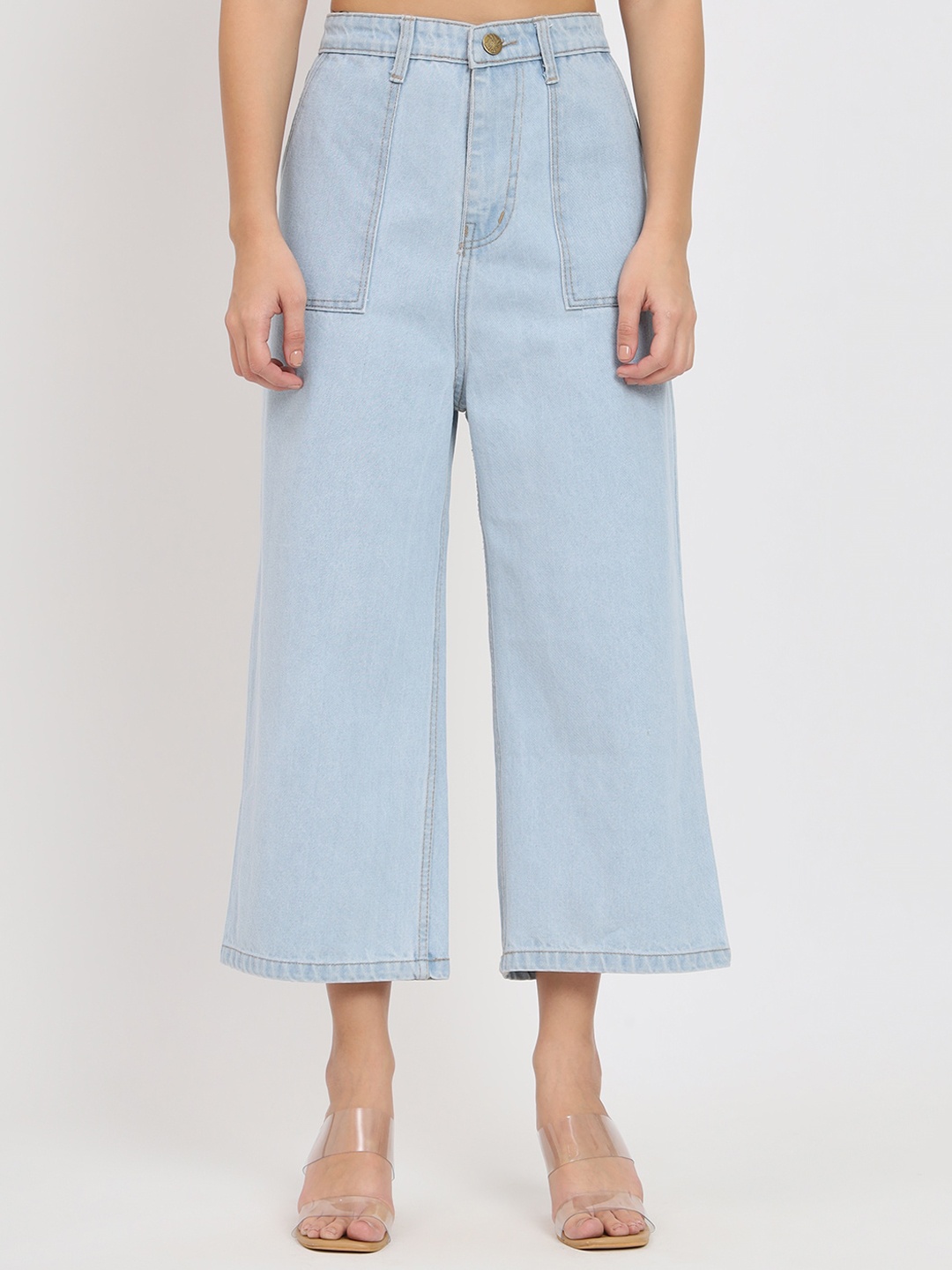 

BAESD Women Jean Flared High-Rise Light Shade Clean Look Cotton Cropped Jeans, Blue