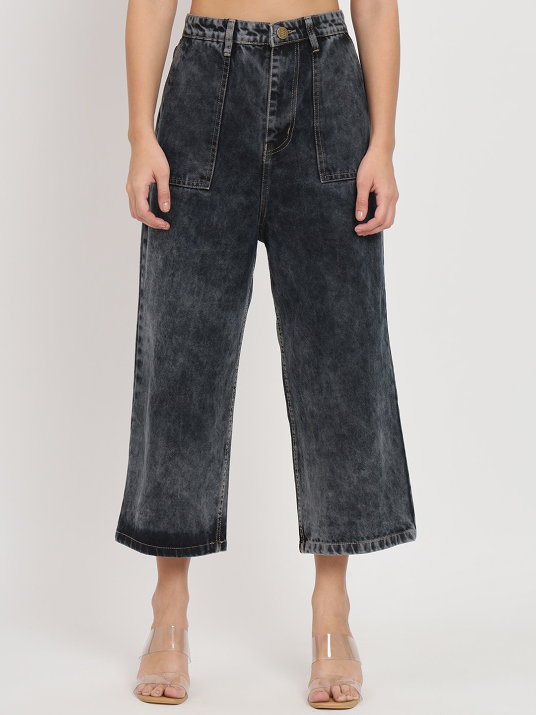 

BAESD Women Heavy Fade Jean Flared High-Rise Cotton Cropped Jeans, Black
