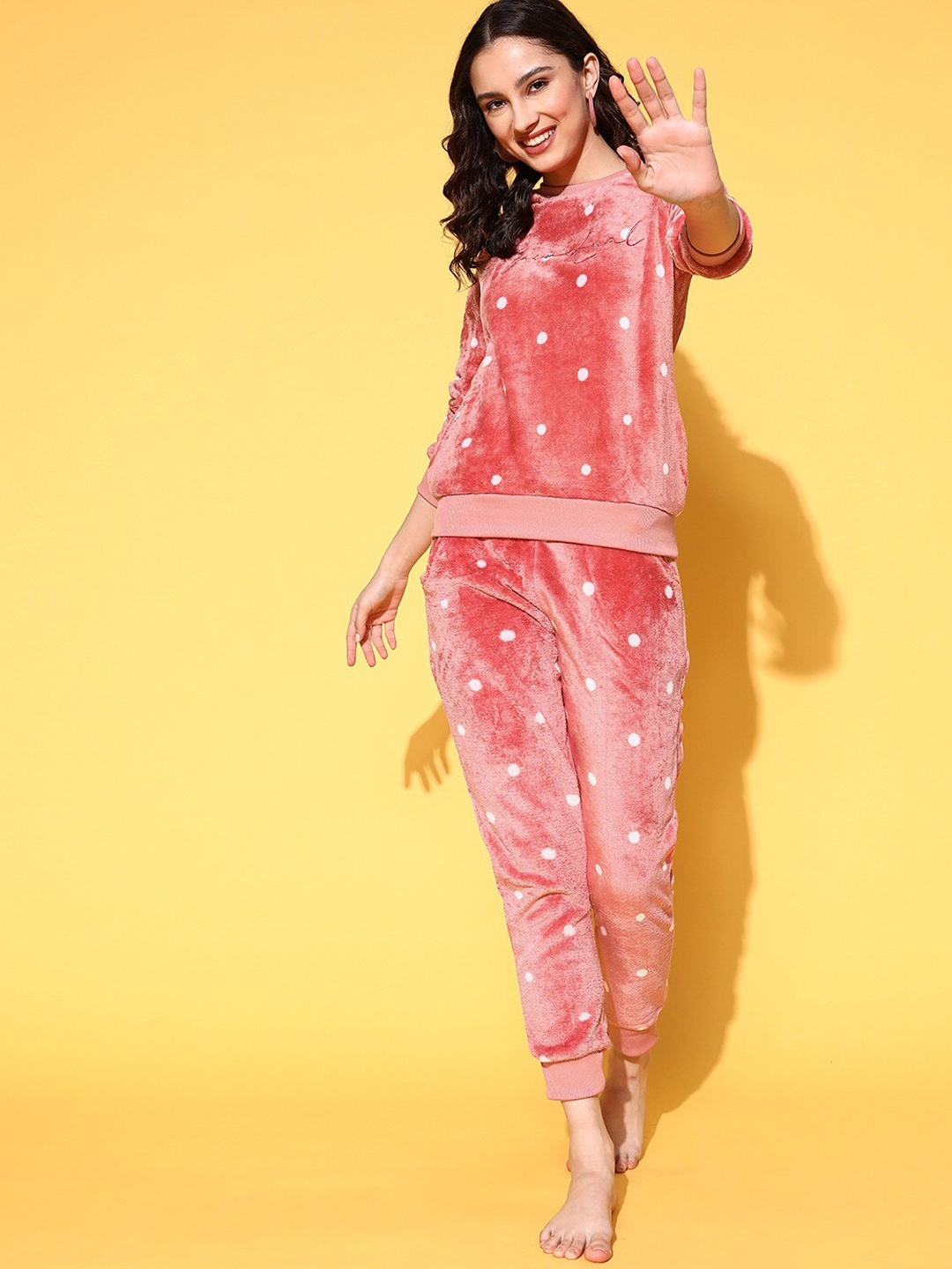 

Sweet Dreams Polka Dots Printed T-shirt And Pyjamas, Pink