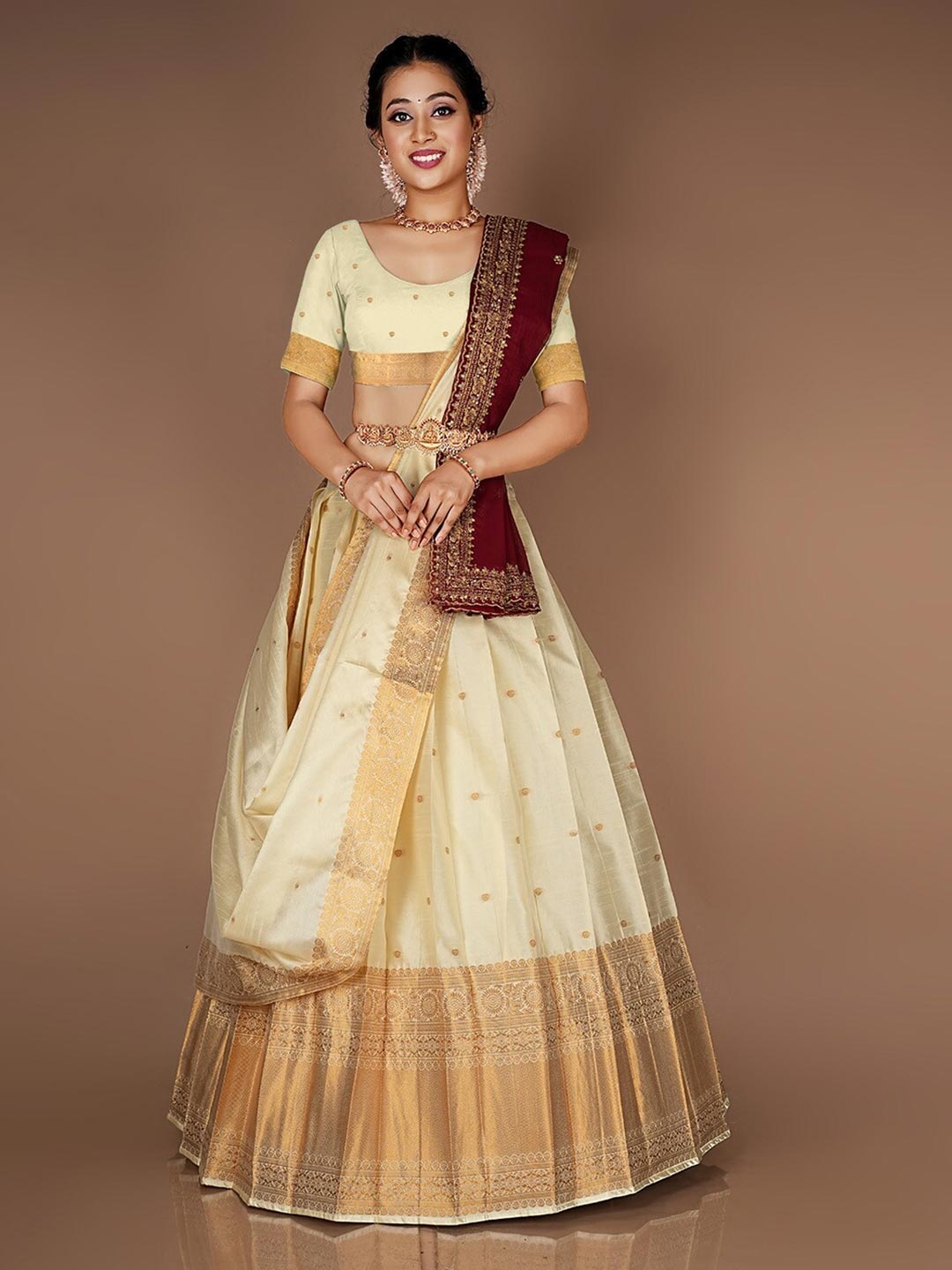 

HALFSAREE STUDIO Semi-Stitched Lehenga & Unstitched Blouse With Double Dupatta, Cream