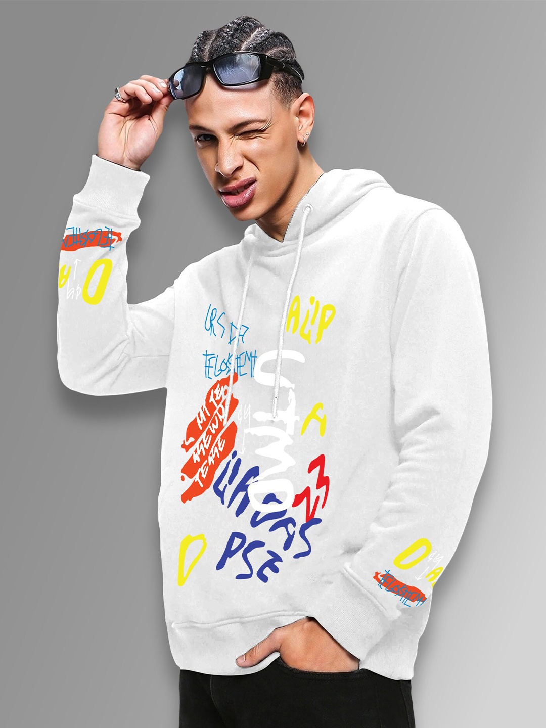 

FTX Typography Printed Hooded Oversized Fleece Pullover Sweatshirt, White