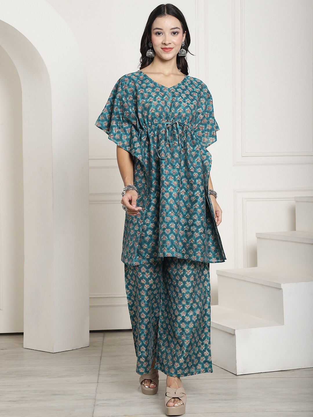 

Aawari Printed Chanderi Kaftan Top & Palazzos Co-ord Set, Green