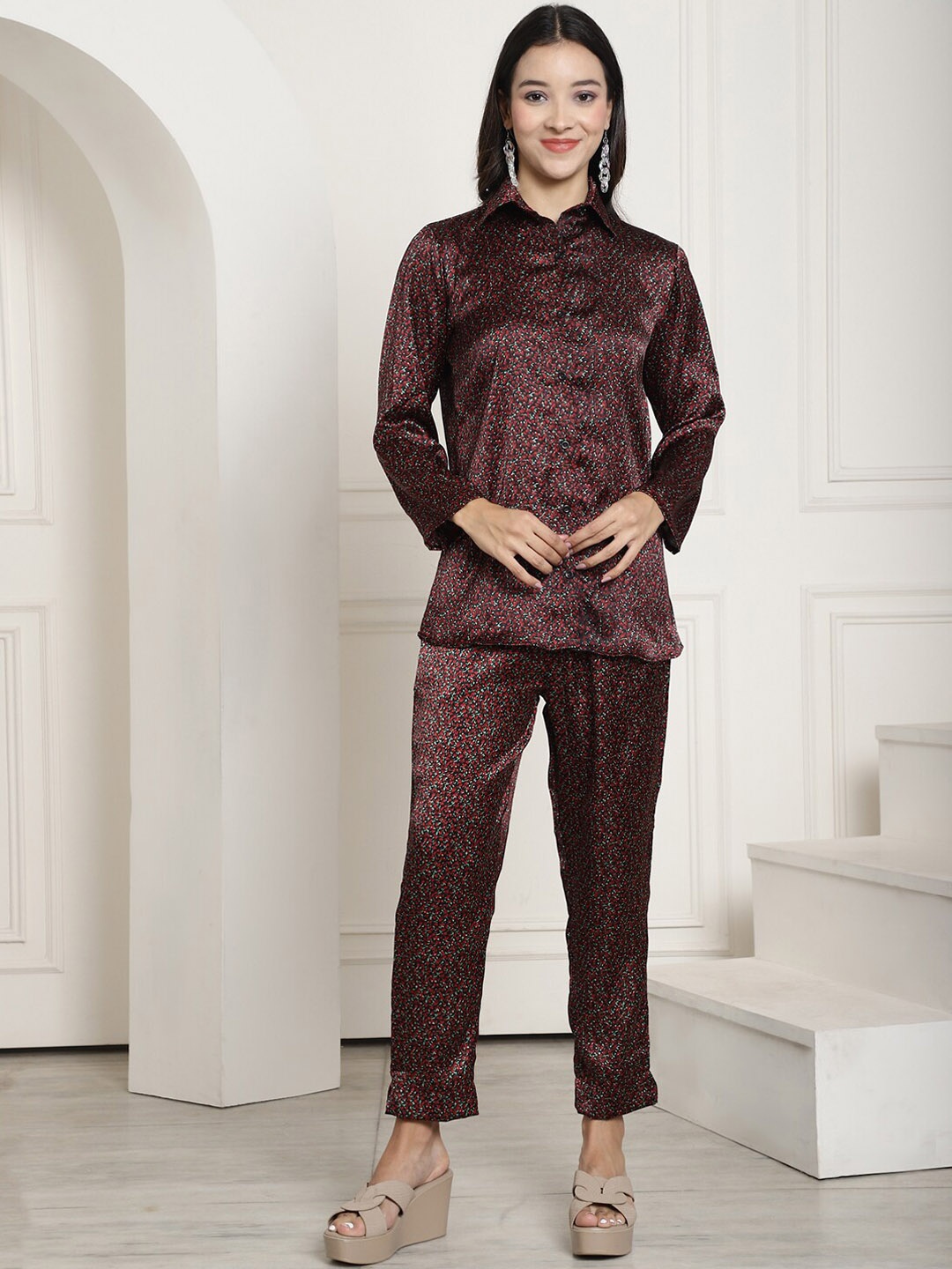 

Aawari Floral Printed Satin Shirt & Trousers, Maroon